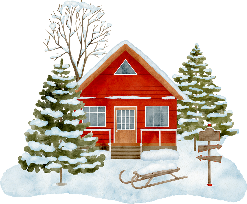 Watercolor snowy winter house with fir trees illustration